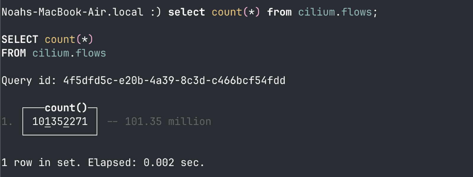ClickHouse CLI running on a laptop showing row counts