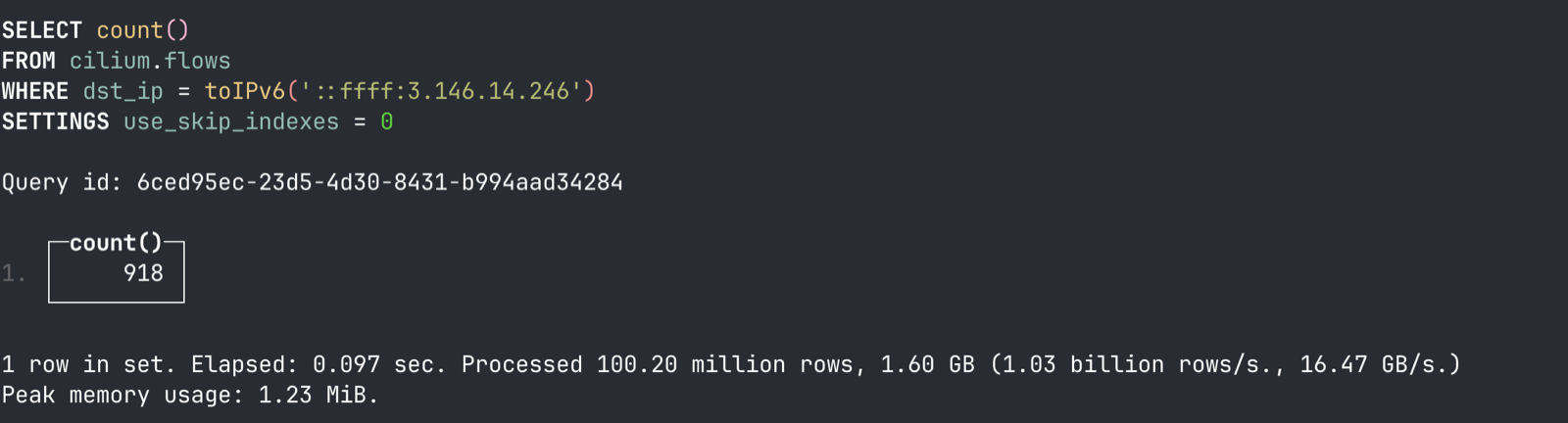 Same query with skip indexes disabled, scanning every row