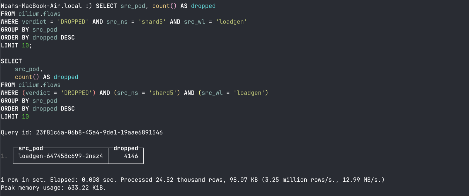 Query drilling down to the specific pod dropping traffic