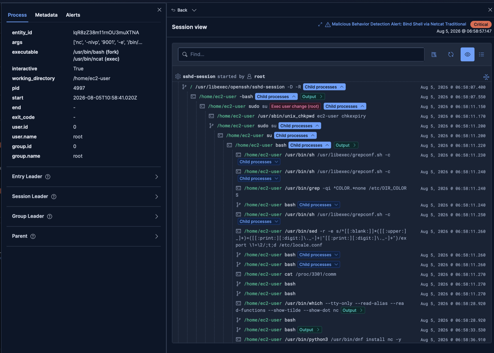 Bind shell alert with the Open Session View tab