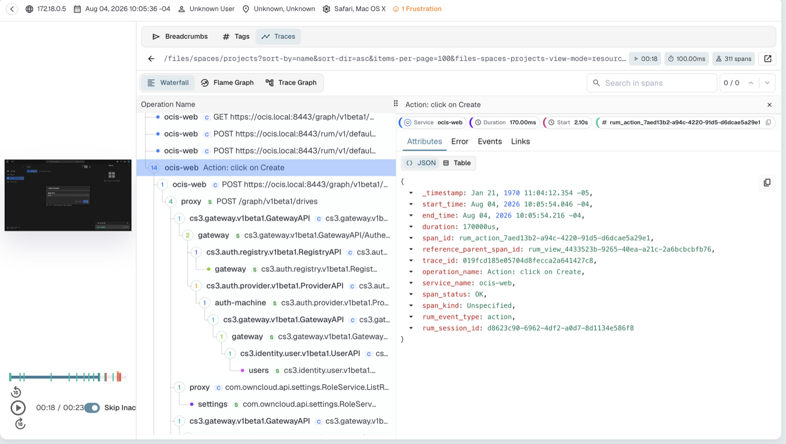 RUM session replay showing traces correlated to a button click