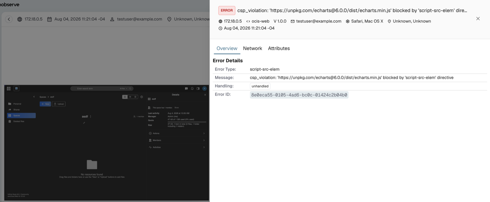 RUM session showing the identified user's email on actions