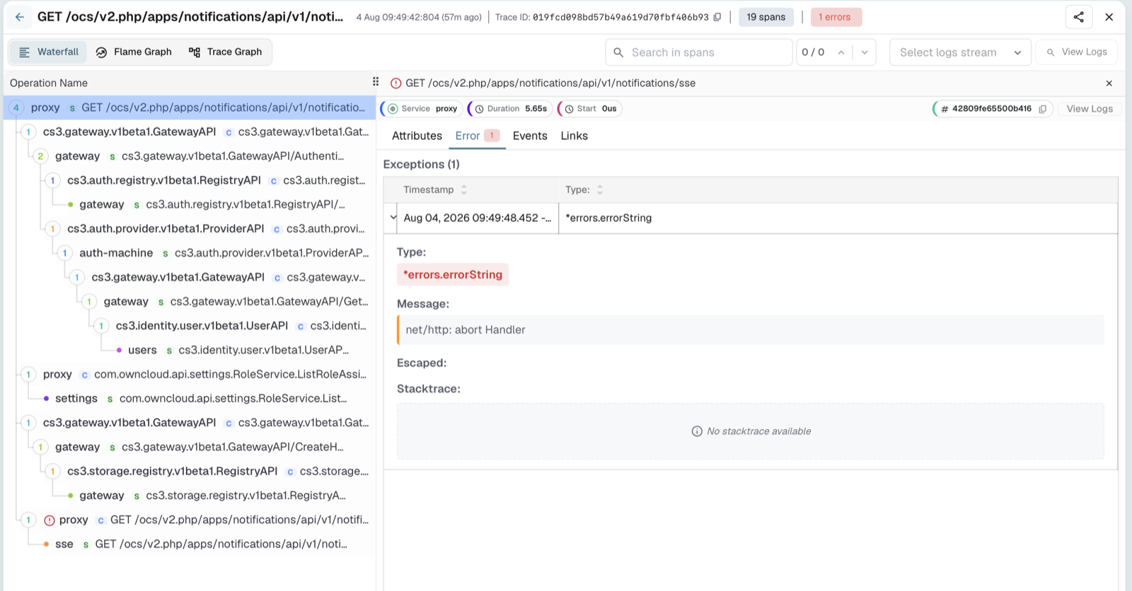 Trace waterfall for an oCIS login check, part 3