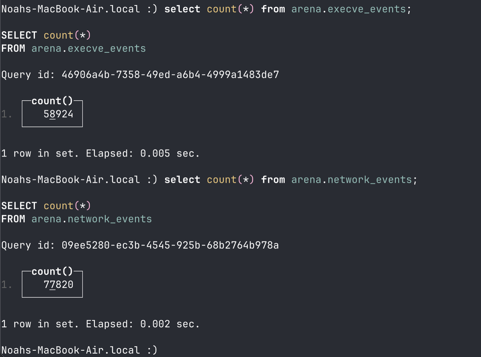 Counting rows across the ClickHouse tables via the CLI
